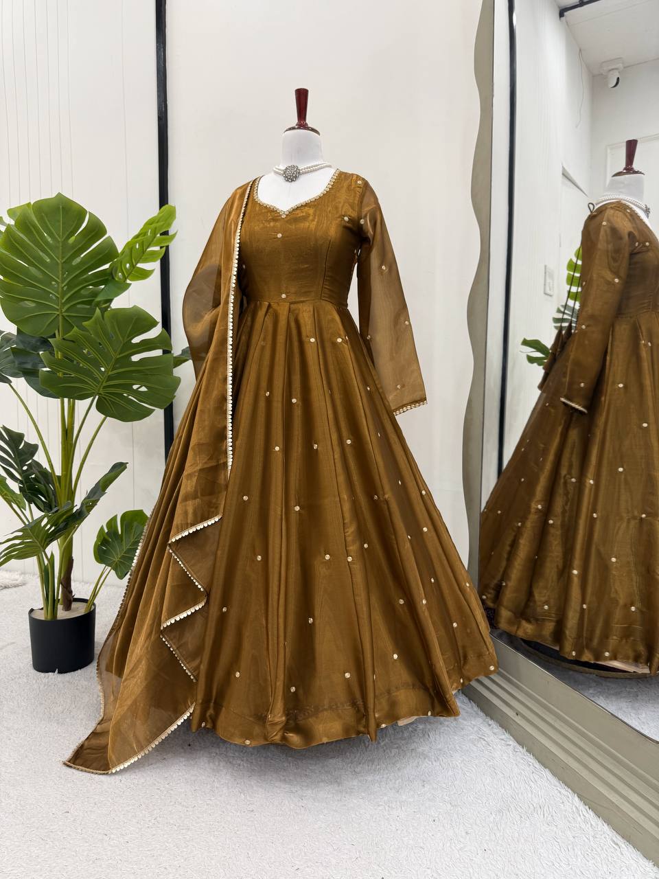 Festive Wear Golden Mustard Color Thread Embroidery Work Beautiful Gown