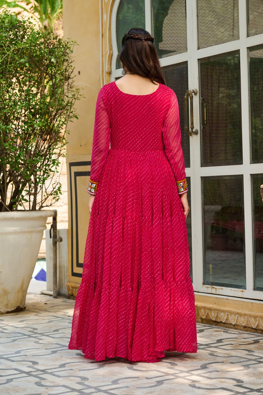 Traditional Wear Pink Color Laheriya Printed Kutchi Patchwork Navratri Gown