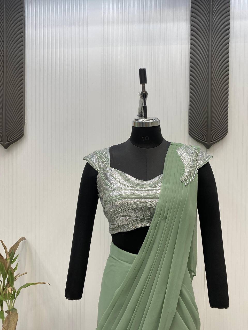 Festive Wear Green Color Sequence Embroidery Work Beautiful Ready To Wear Saree