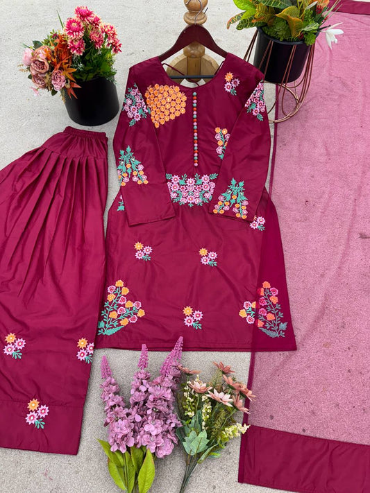 Beauitful Pink Color Pure Embroidery Sequence Work Palazzo Suit