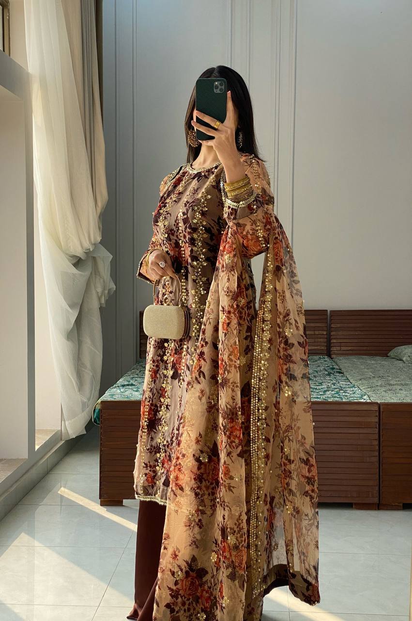 Party Wear Brown Color Embroidery With Sequence Work Digital Print Work Palazzo Suit