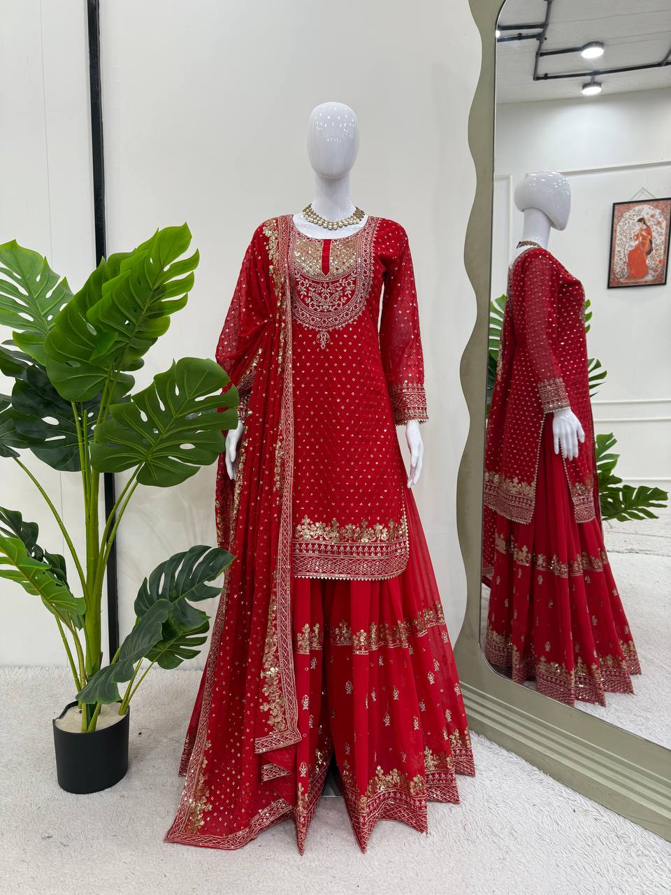 Patry Wear Red Color Sequence Embroidery Work Sharara Suit