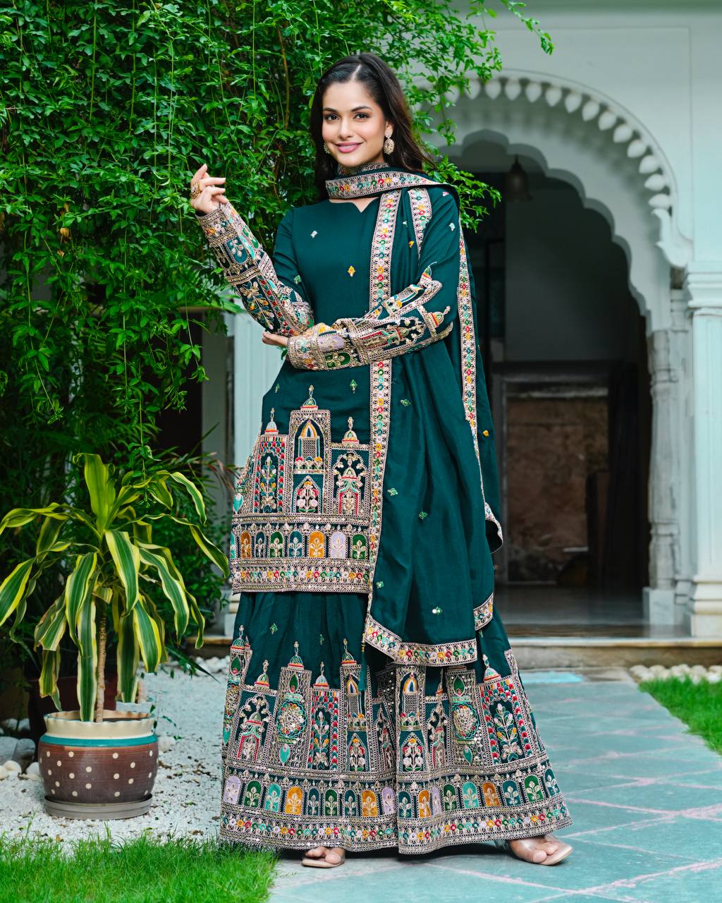 Party Wear Teal Green Color Silk Embroidery With Coding Dori And Sequence Work Palazzo Suit