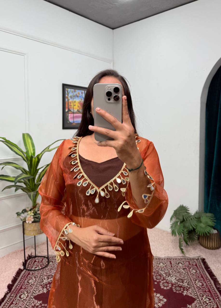 Mesmerizing Coffee Color Organza With Mirror Lace Work Fully Stitch Salwar Suit