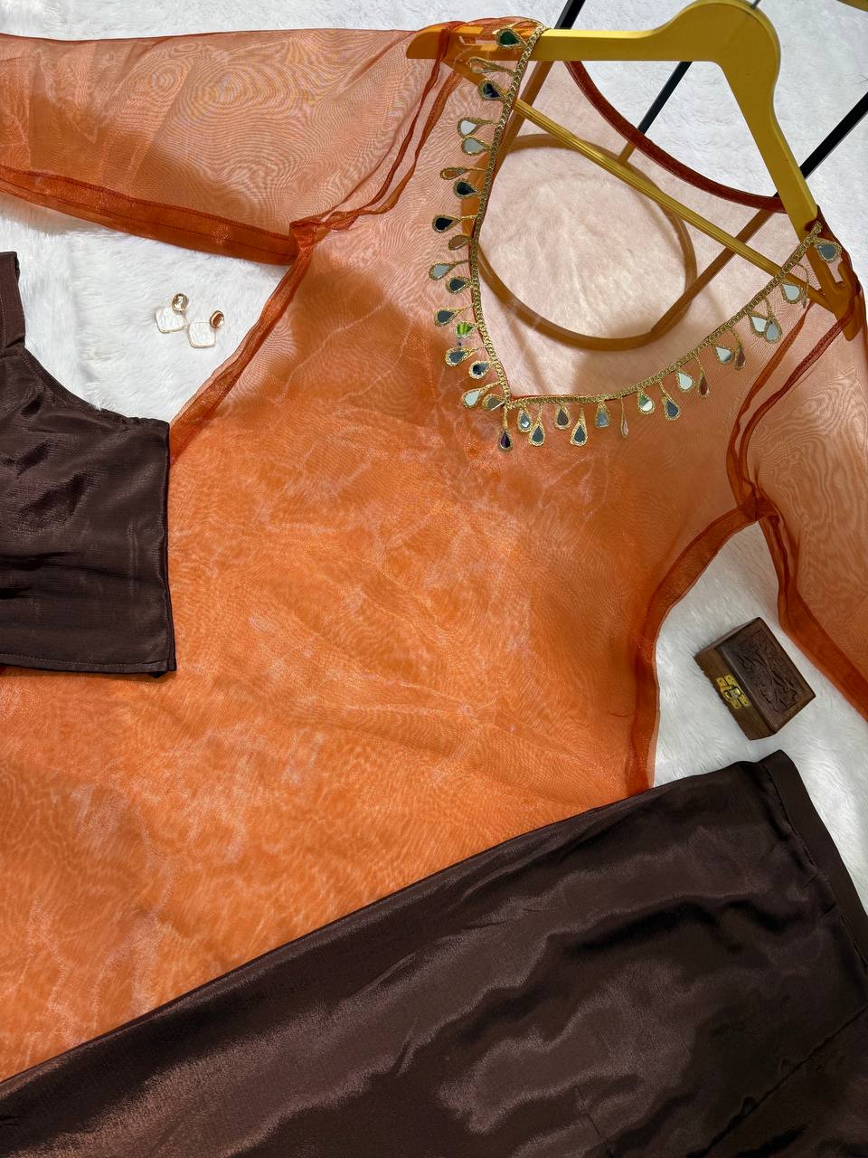 Mesmerizing Coffee Color Organza With Mirror Lace Work Fully Stitch Salwar Suit