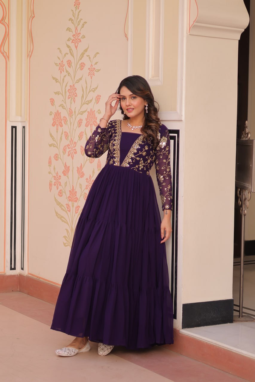 Reception Wear Purple Color Sequins And Zari Embroidered Work Designer Gown