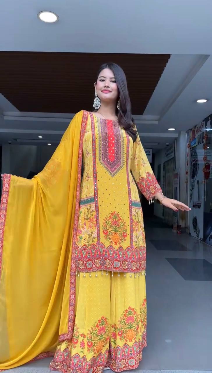Haldi Wear Yellow Color Digital Print With Real Mirror Hand Work Palazzo Suit