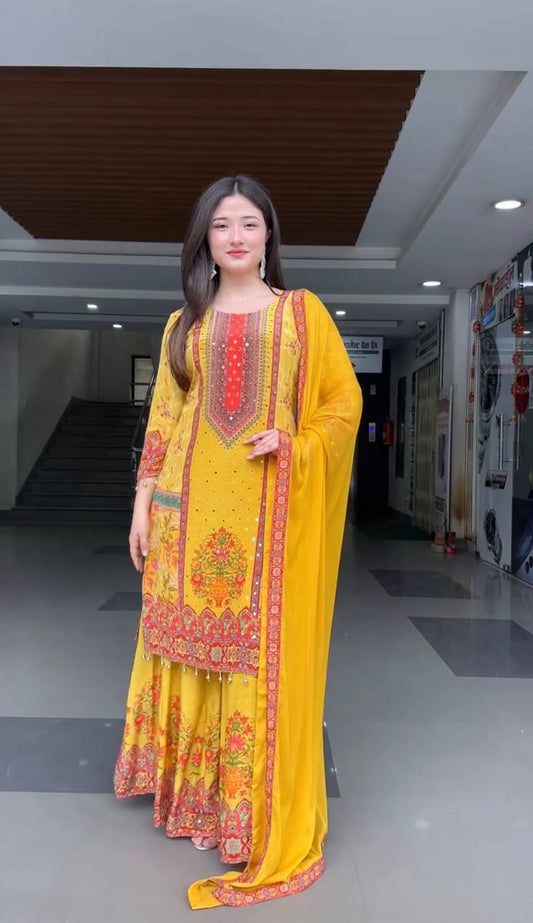 Haldi Wear Yellow Color Digital Print With Real Mirror Hand Work Palazzo Suit
