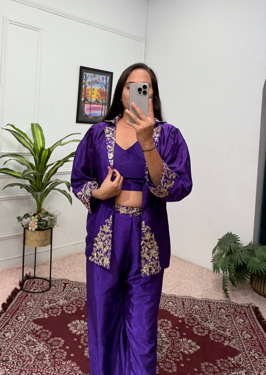 Bollywood Style Royal Blue Color Chinon With Embroidery Work Indo-Western Koti With Palazzo Set