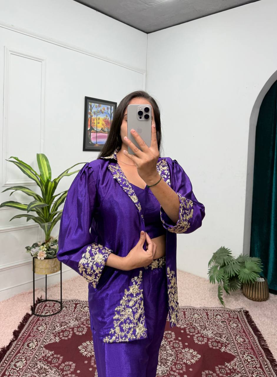 Bollywood Style Royal Blue Color Chinon With Embroidery Work Indo-Western Koti With Palazzo Set