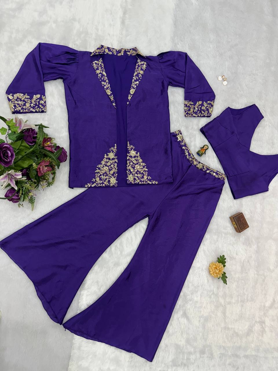 Bollywood Style Royal Blue Color Chinon With Embroidery Work Indo-Western Koti With Palazzo Set