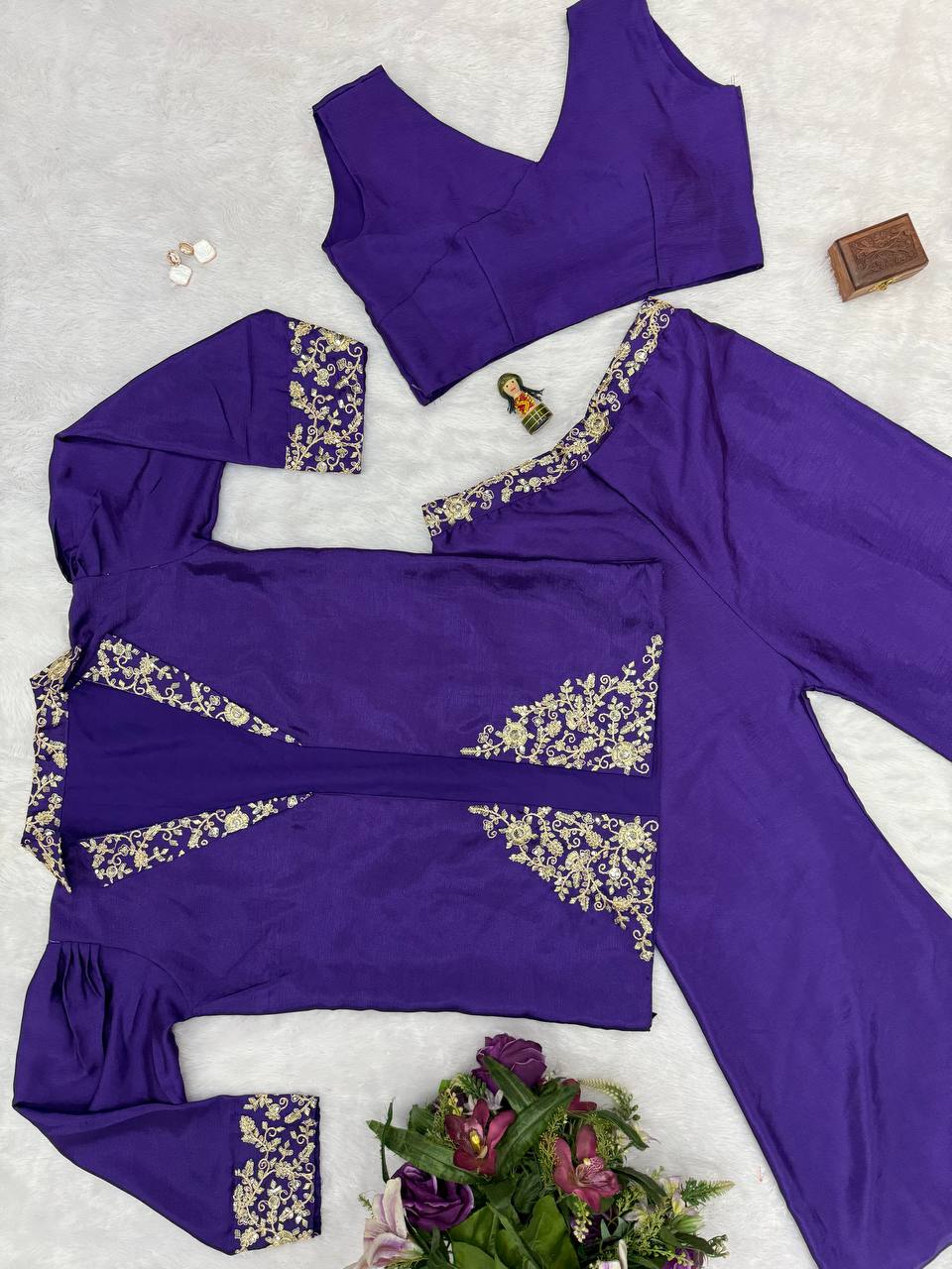 Bollywood Style Royal Blue Color Chinon With Embroidery Work Indo-Western Koti With Palazzo Set