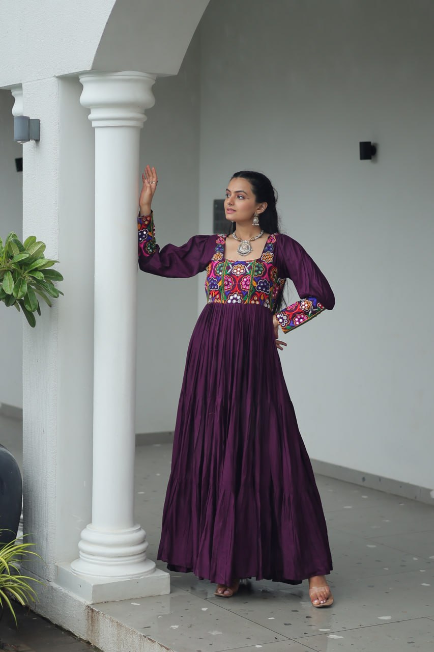Garba Night Wear Wine Color Kutchi Gamthi Embroidery Work Navratri Gown