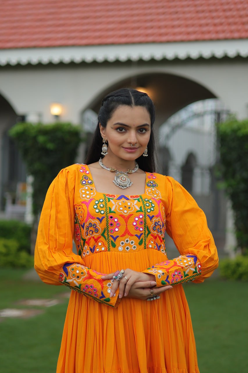 Garba Night Wear Yellow Color Kutchi Gamthi Embroidery Work Navratri Gown