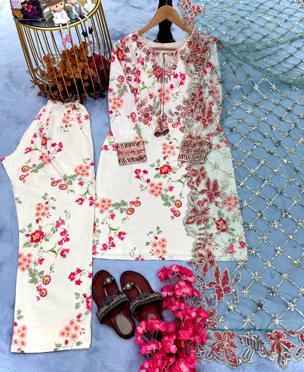 Wedding Wear White Color Heavy Printed Modal Silk With Embroidery Sequence Work Palazzo Suit