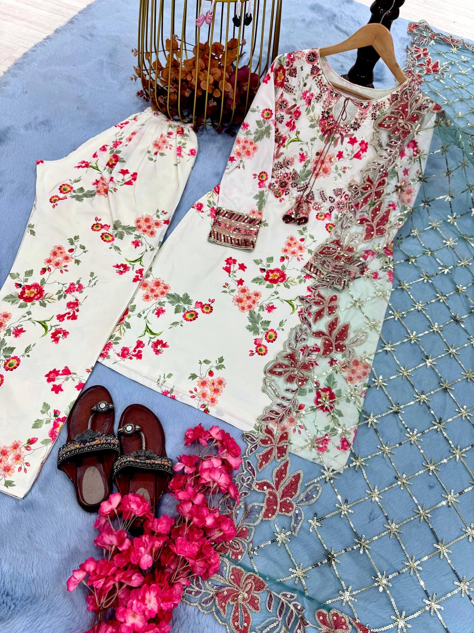 Wedding Wear White Color Heavy Printed Modal Silk With Embroidery Sequence Work Palazzo Suit