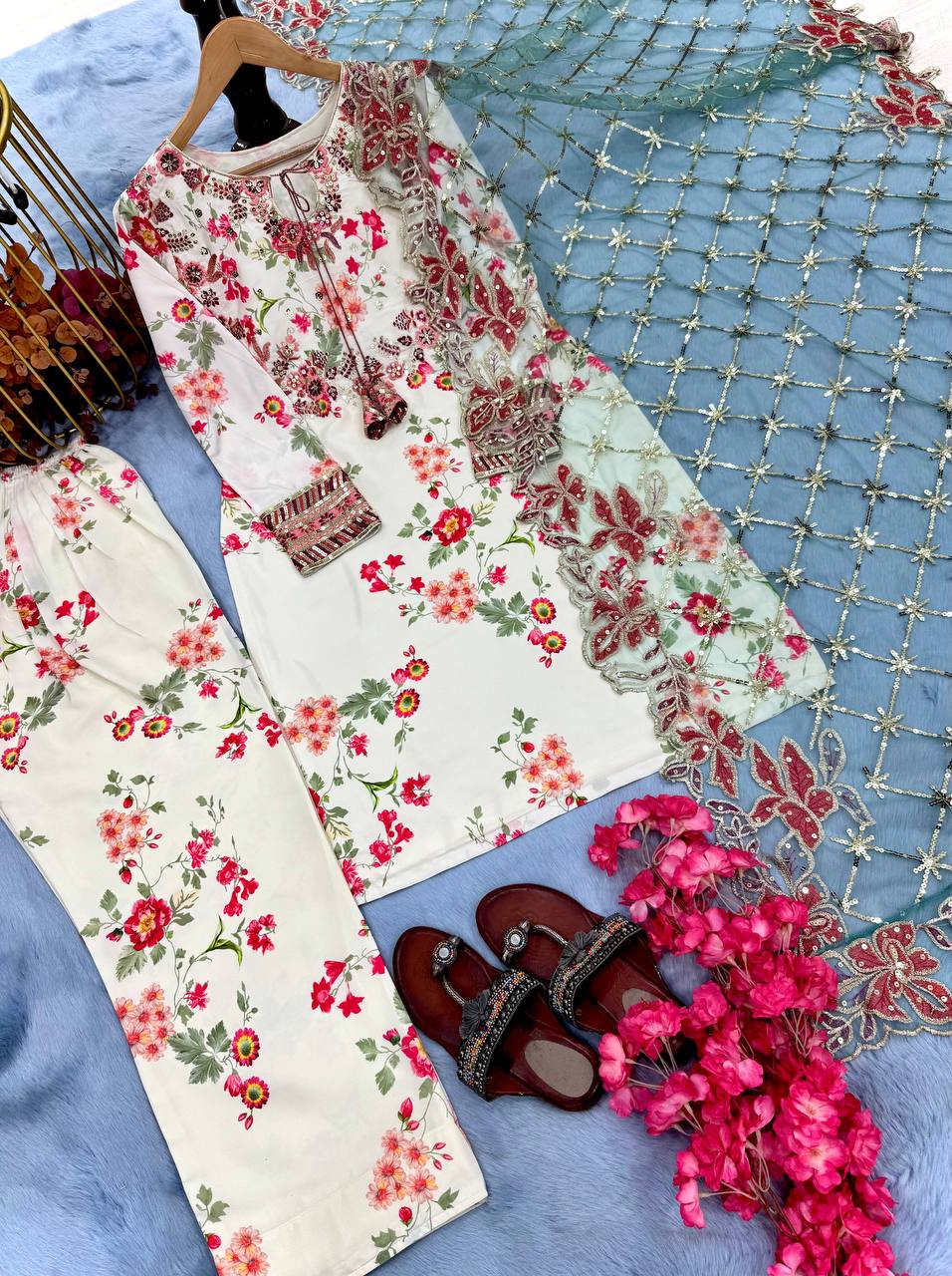 Wedding Wear White Color Heavy Printed Modal Silk With Embroidery Sequence Work Palazzo Suit