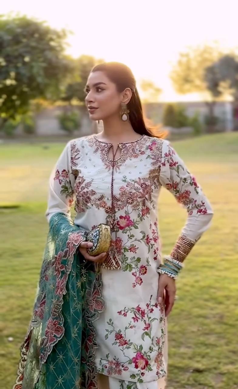 Wedding Wear White Color Heavy Printed Modal Silk With Embroidery Sequence Work Palazzo Suit
