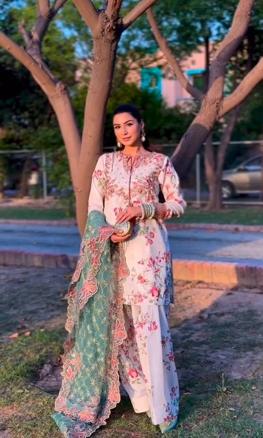 Wedding Wear White Color Heavy Printed Modal Silk With Embroidery Sequence Work Palazzo Suit