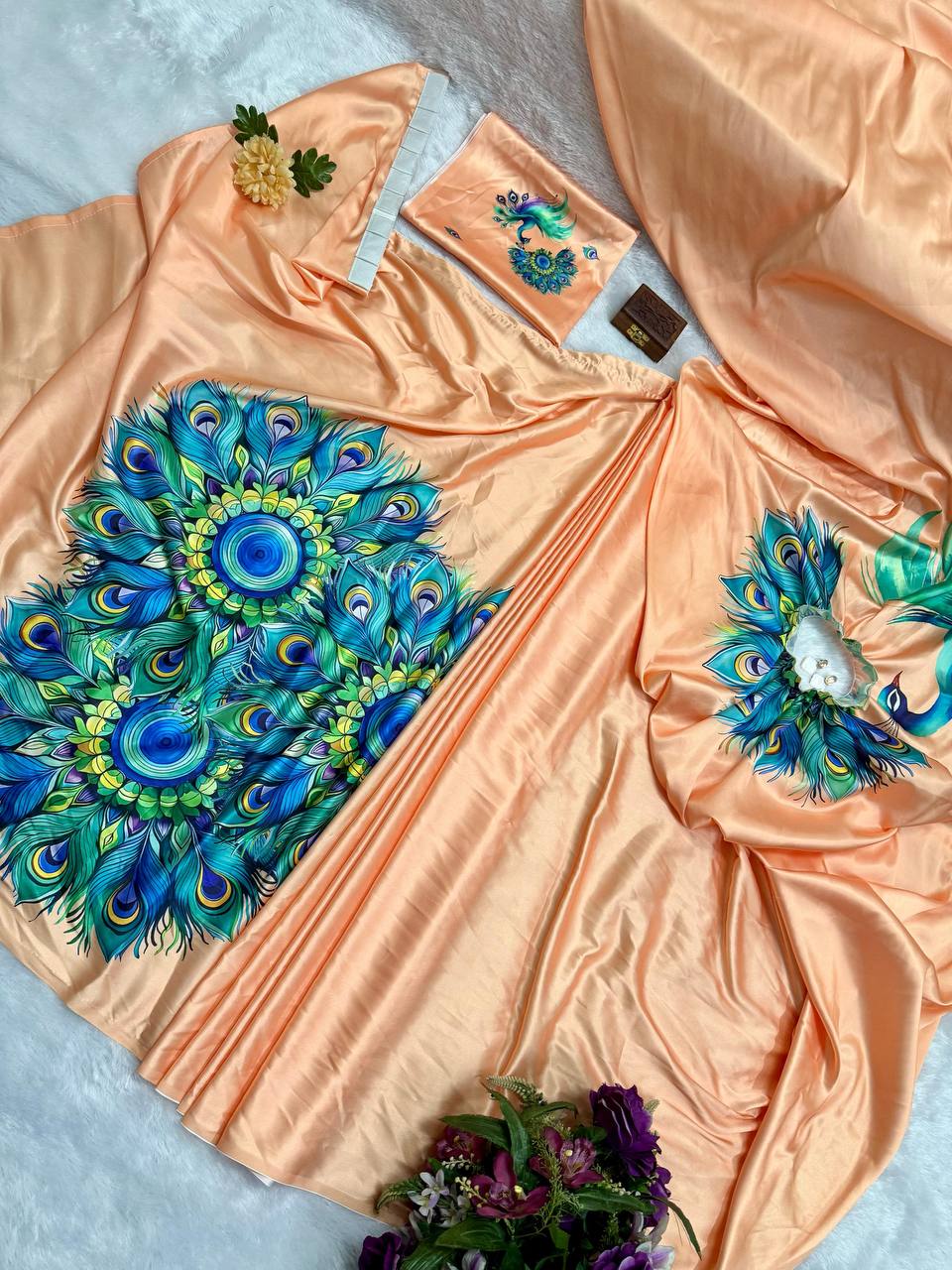 Blissful Peach Color Japan Satin With Digital Print Work Hands-Free Ready To Wear Saree