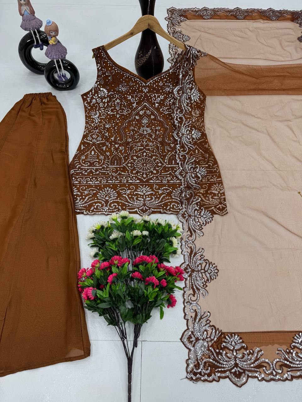 Ceremony Wear Designer Coffee Color Embroidery Sequences Work With Peral Hand Work 3 Piece Palazzo Suit