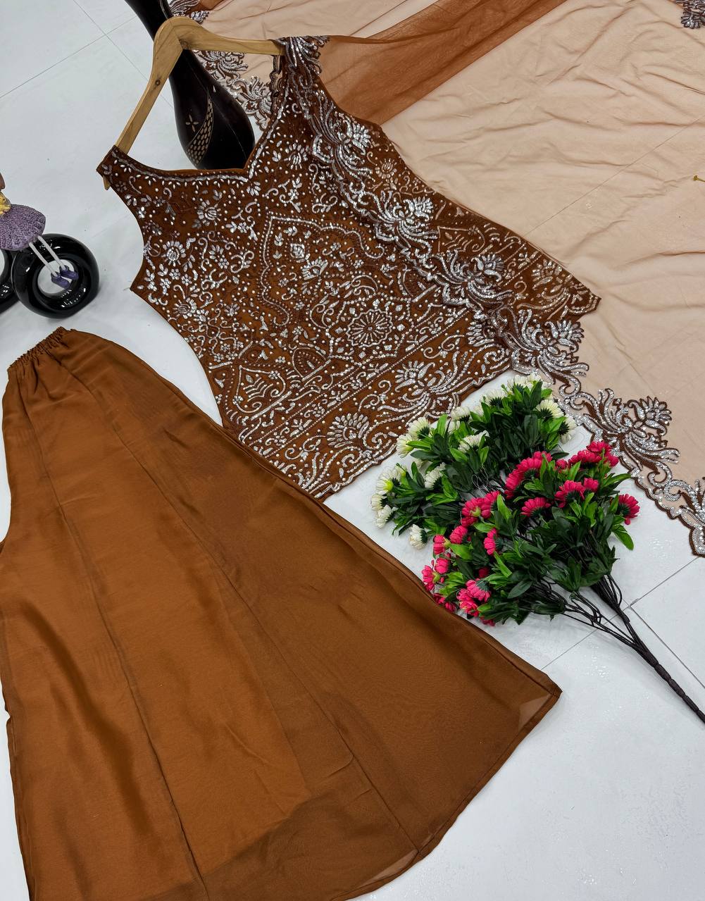 Ceremony Wear Designer Coffee Color Embroidery Sequences Work With Peral Hand Work 3 Piece Palazzo Suit