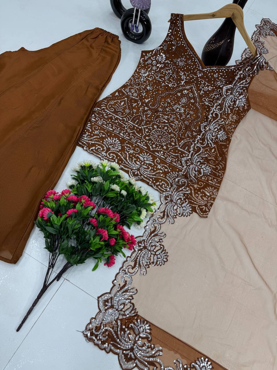 Ceremony Wear Designer Coffee Color Embroidery Sequences Work With Peral Hand Work 3 Piece Palazzo Suit