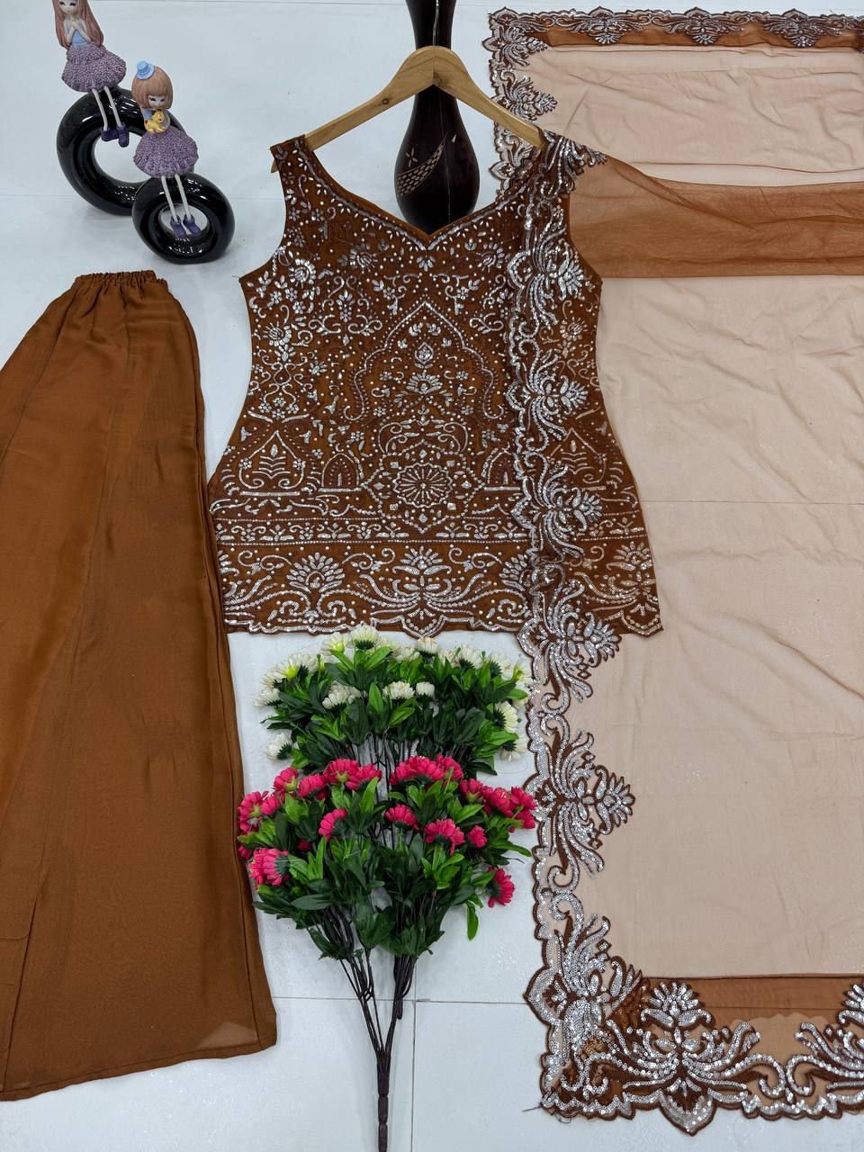 Ceremony Wear Designer Coffee Color Embroidery Sequences Work With Peral Hand Work 3 Piece Palazzo Suit
