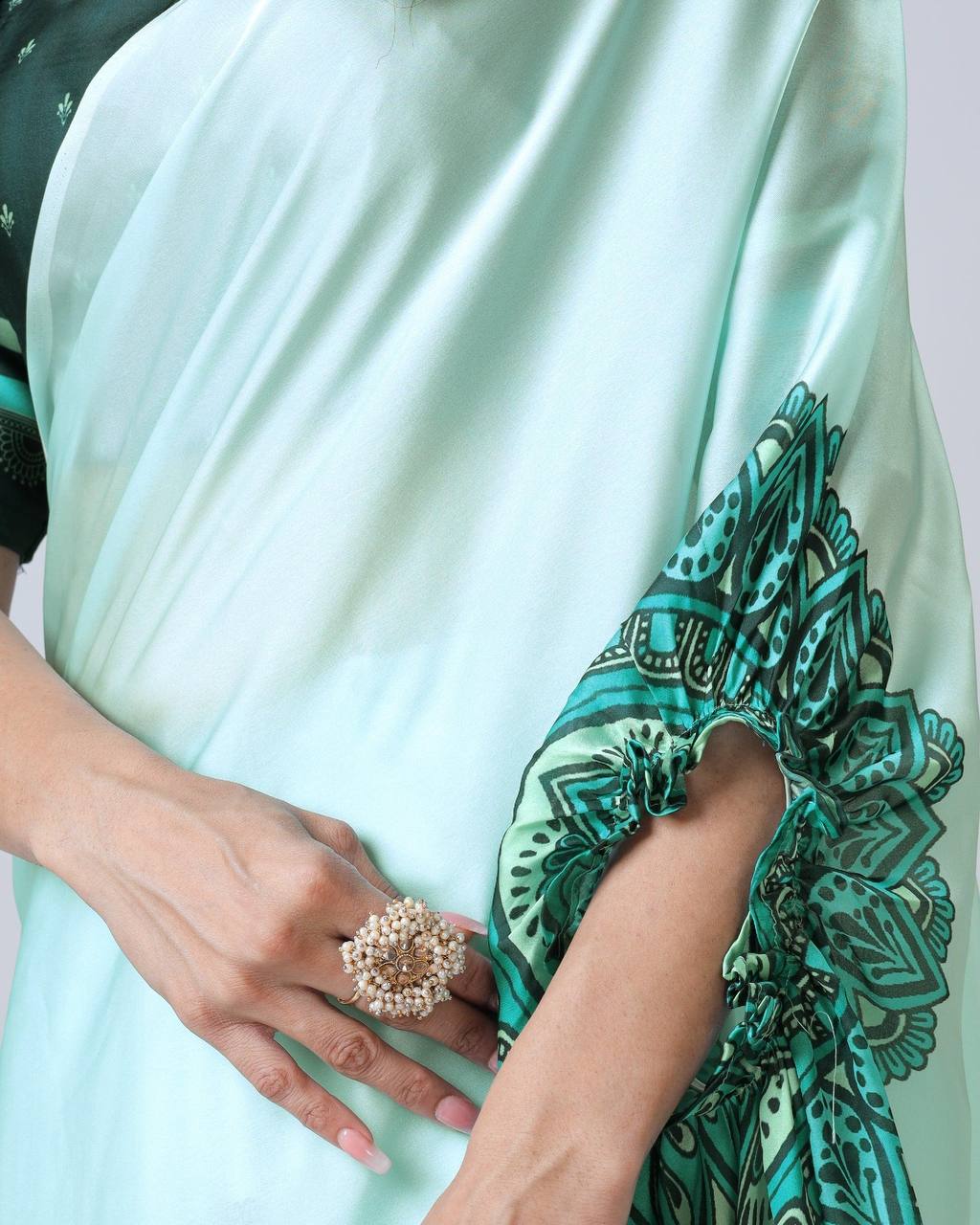 Reception Wear Light Green Color Japan Satin Digital Printed Hands-Free Ready To Wear Saree