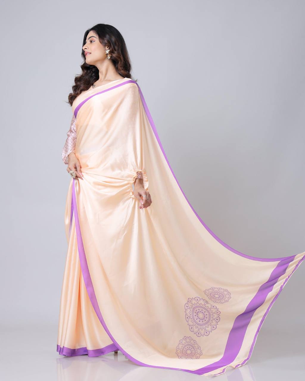 Reception Wear Light Peach Color Japan Satin Digital Printed Hands-Free Ready To Wear Saree