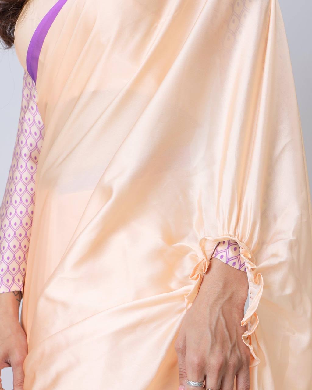 Reception Wear Light Peach Color Japan Satin Digital Printed Hands-Free Ready To Wear Saree