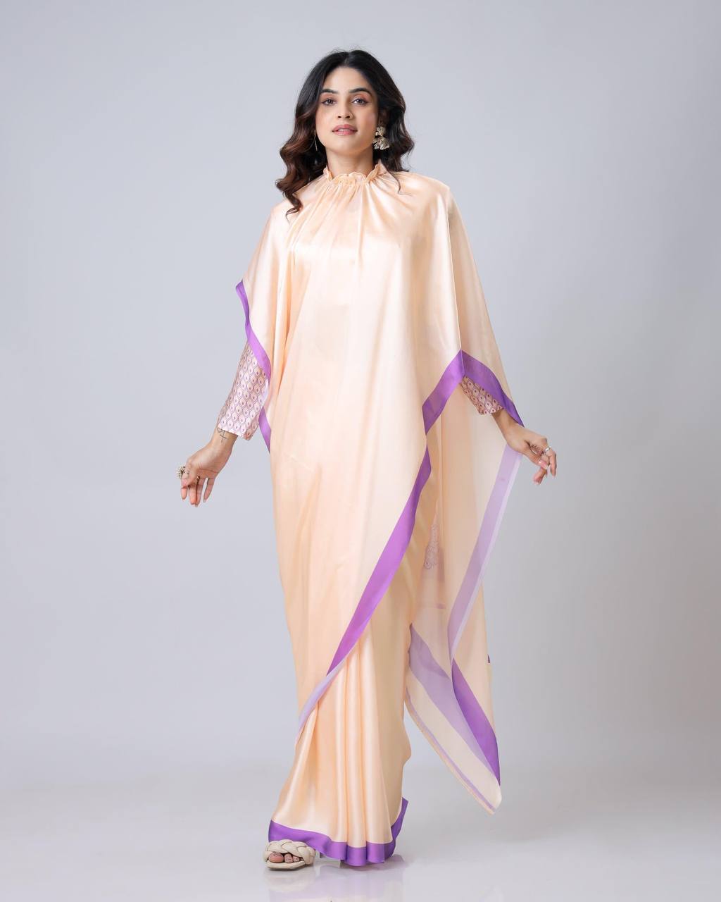 Reception Wear Light Peach Color Japan Satin Digital Printed Hands-Free Ready To Wear Saree
