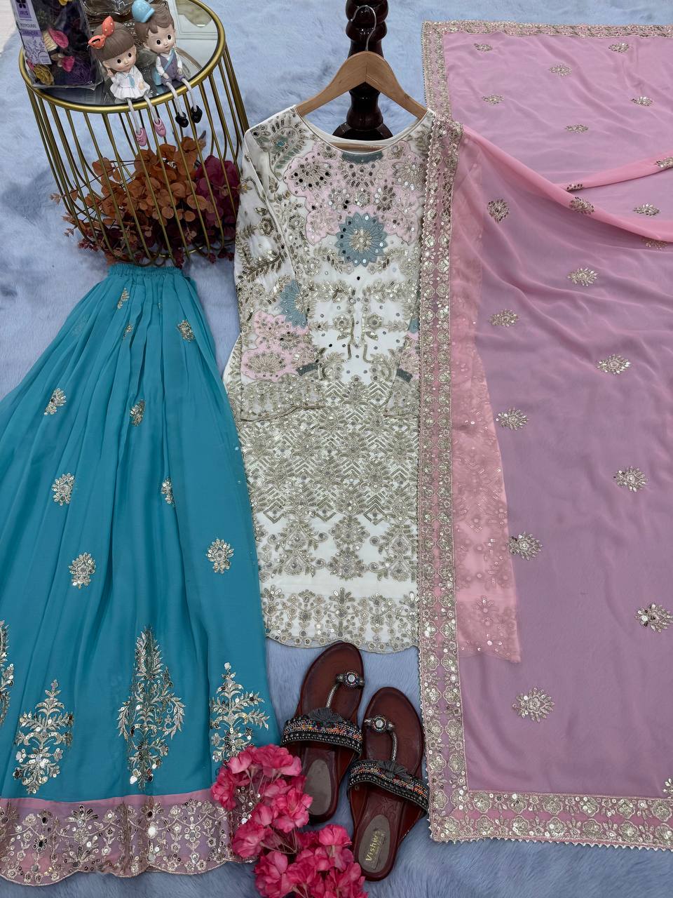 Stylish White And Sky Color Heavy Faux Georgette With Embroidery Sequence Work Palazzo Suit