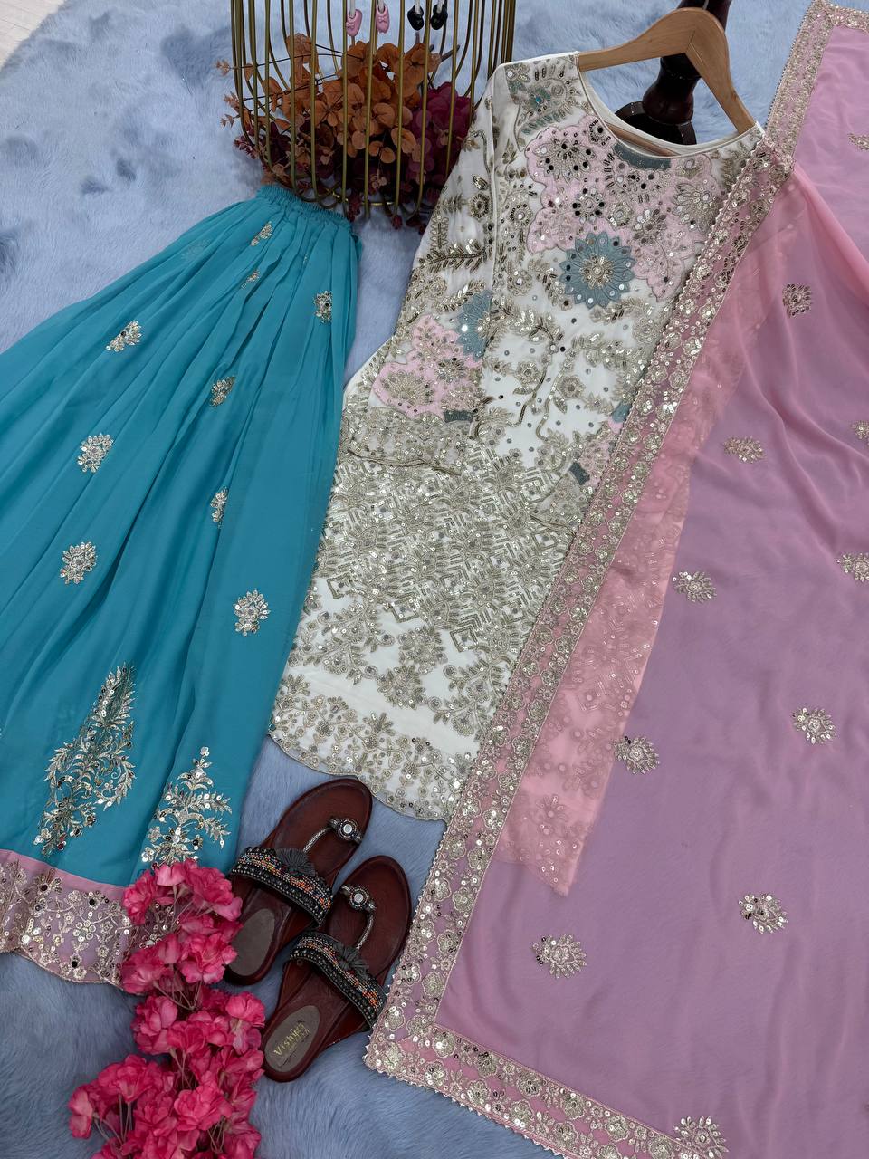 Stylish White And Sky Color Heavy Faux Georgette With Embroidery Sequence Work Palazzo Suit