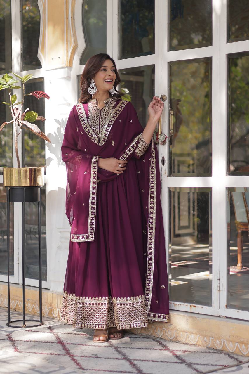 Weddin Wine Color Faux Blooming Georgette With Rich Sequins Embroidered Work Designer Gown
