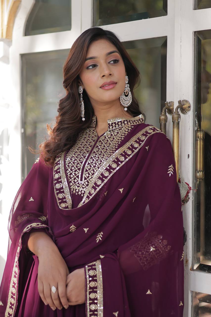 Weddin Wine Color Faux Blooming Georgette With Rich Sequins Embroidered Work Designer Gown