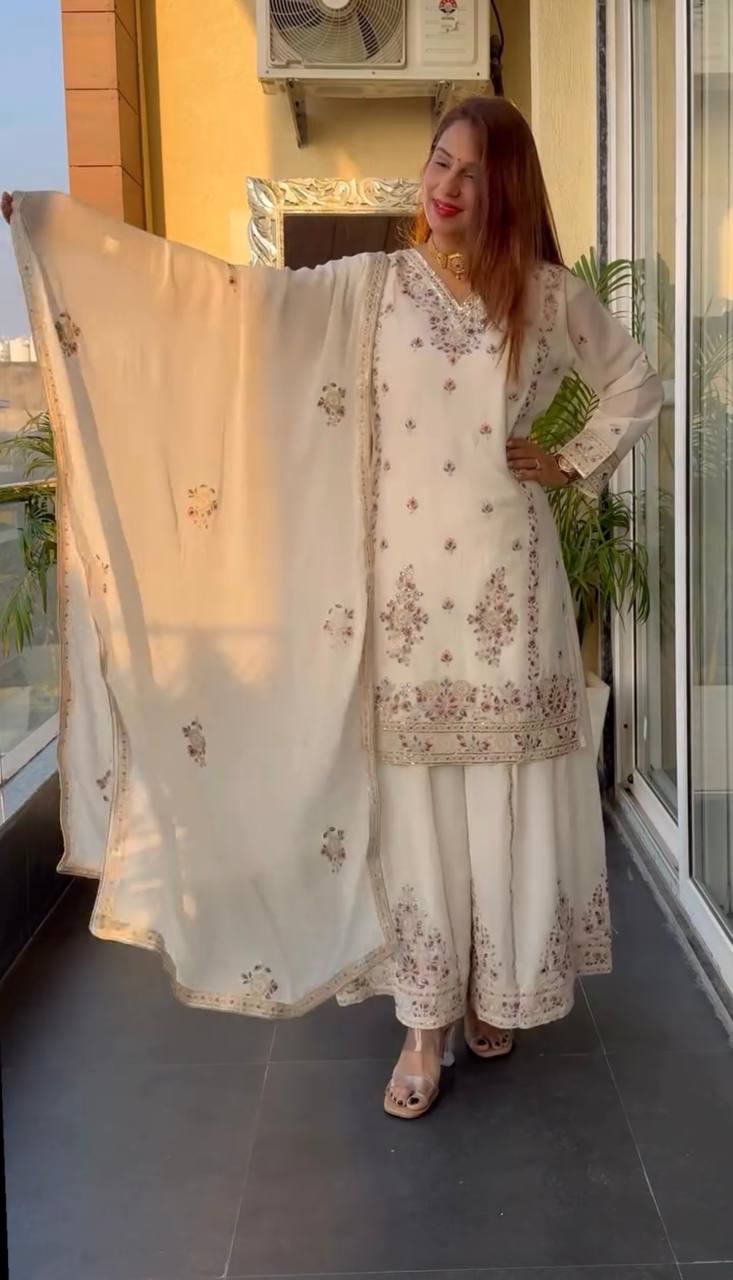Luxuriant White Color Pure Chinon Silk With Heavy Embroidery Coding Sequence Work Palazzo Suit