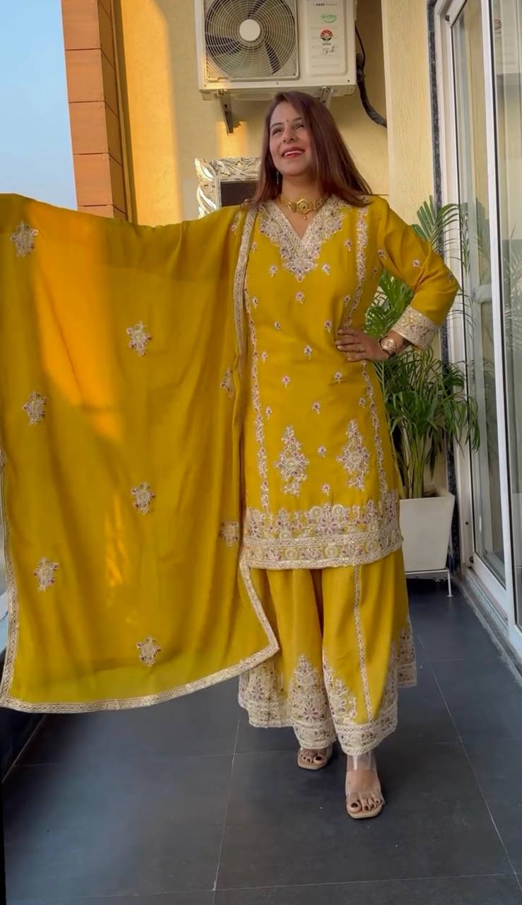 Demanding Yellow Color Pure Chinon Silk With Heavy Embroidery Coding Sequence Work Palazzo Suit