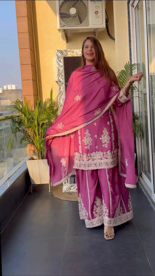 Designer Pink Color Pure Chinon Silk With Heavy Embroidery Coding Sequence Work Palazzo Suit