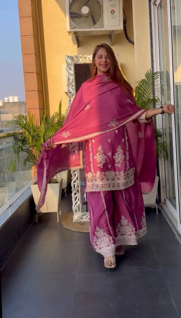 Designer Pink Color Pure Chinon Silk With Heavy Embroidery Coding Sequence Work Palazzo Suit