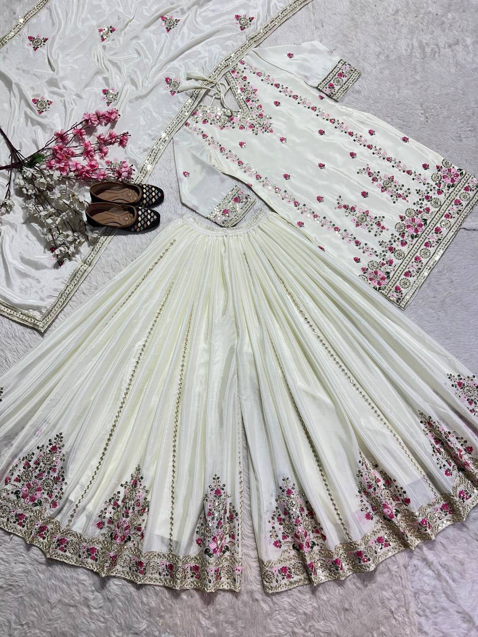 Luxuriant White Color Pure Chinon Silk With Heavy Embroidery Coding Sequence Work Palazzo Suit