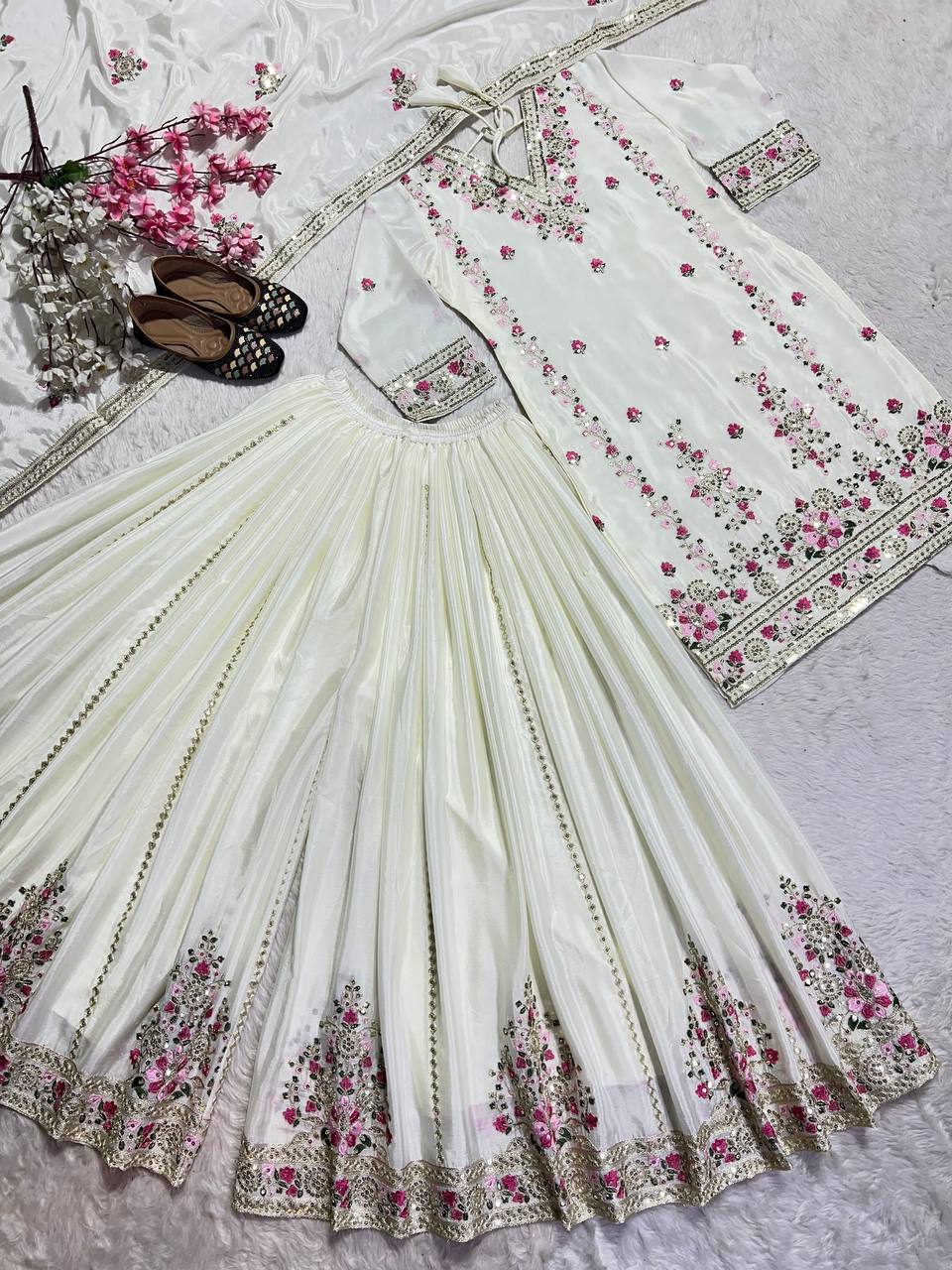 Luxuriant White Color Pure Chinon Silk With Heavy Embroidery Coding Sequence Work Palazzo Suit