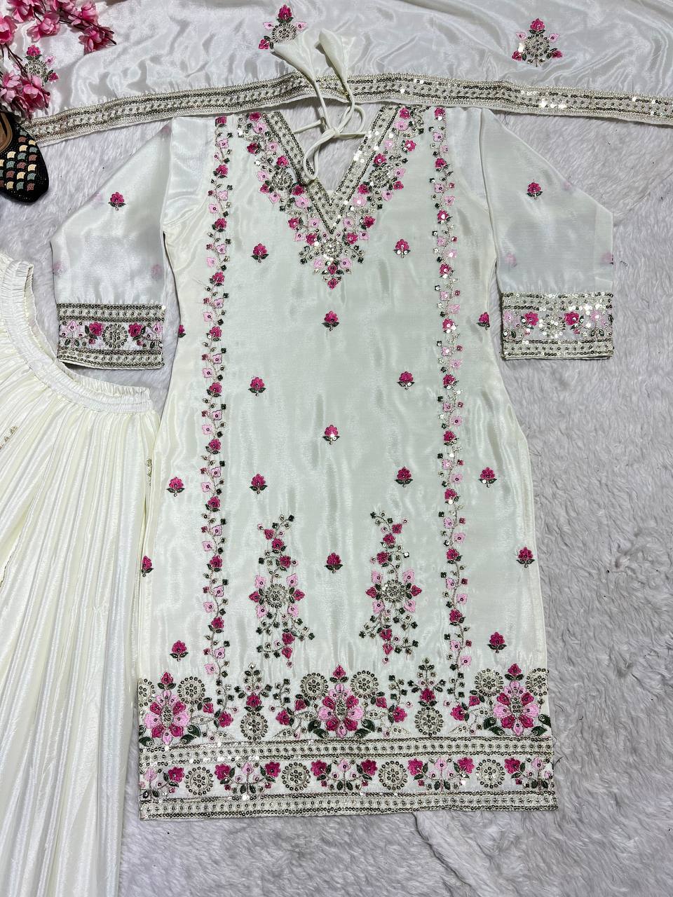 Luxuriant White Color Pure Chinon Silk With Heavy Embroidery Coding Sequence Work Palazzo Suit