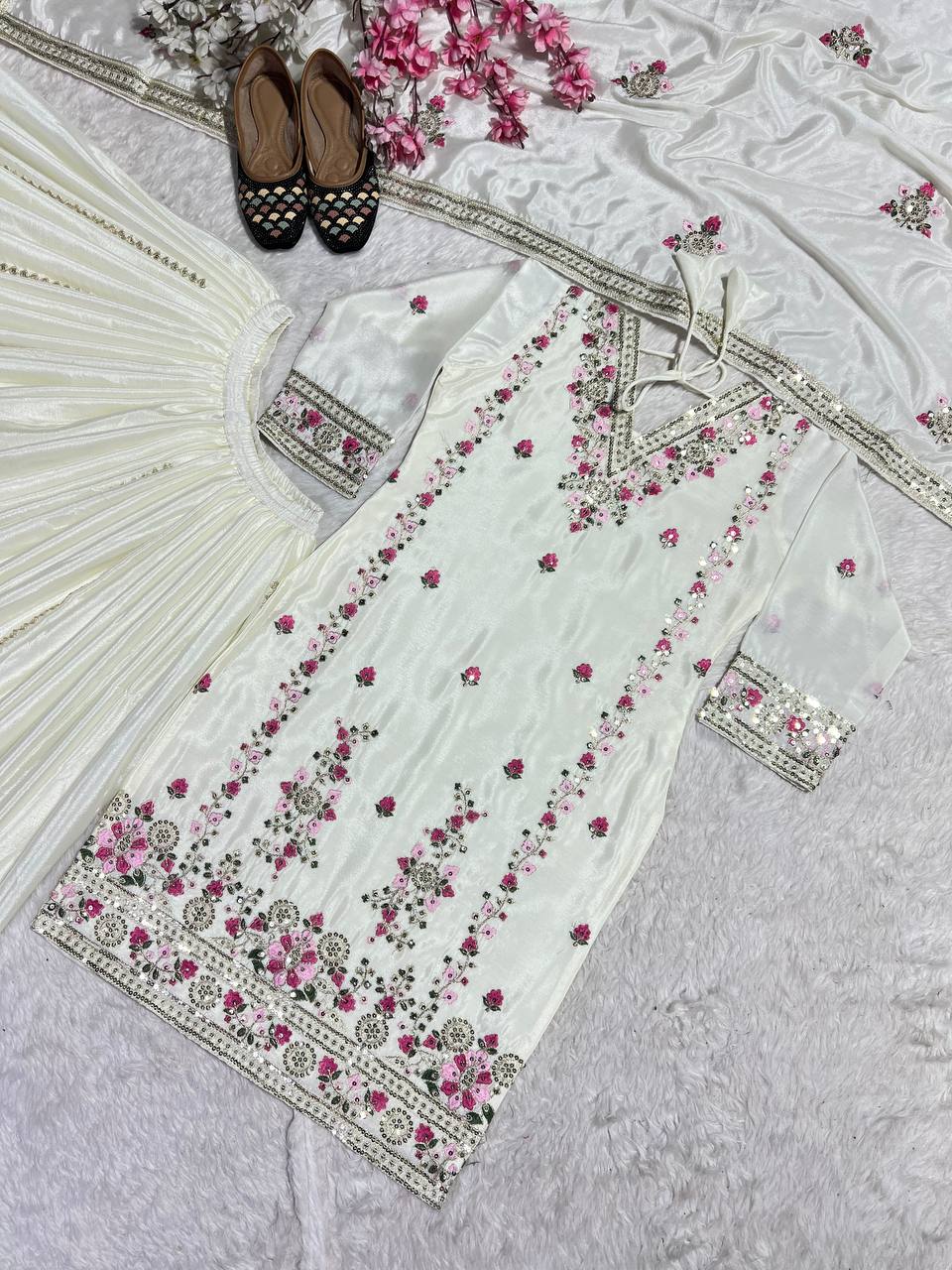 Luxuriant White Color Pure Chinon Silk With Heavy Embroidery Coding Sequence Work Palazzo Suit