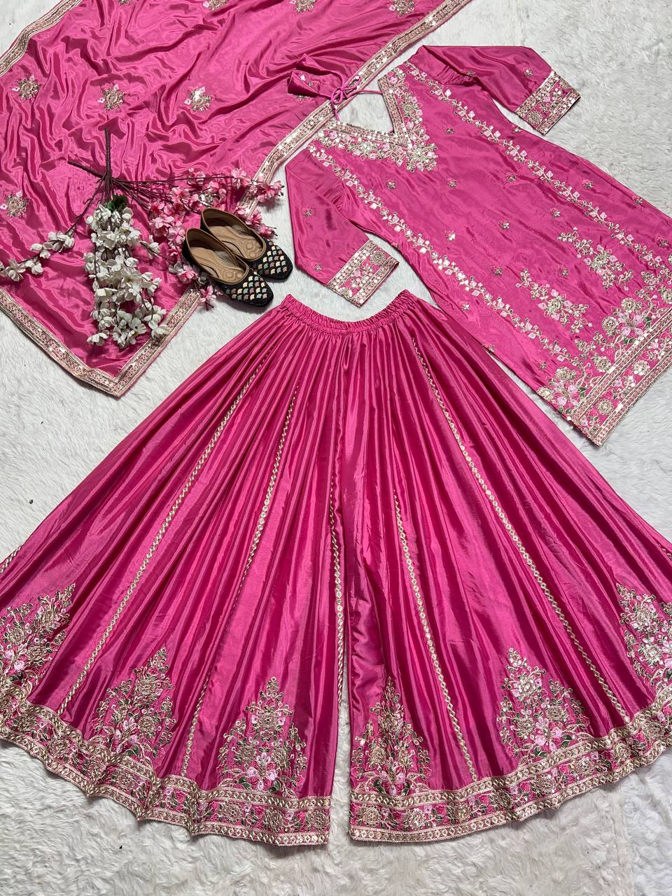 Designer Pink Color Pure Chinon Silk With Heavy Embroidery Coding Sequence Work Palazzo Suit