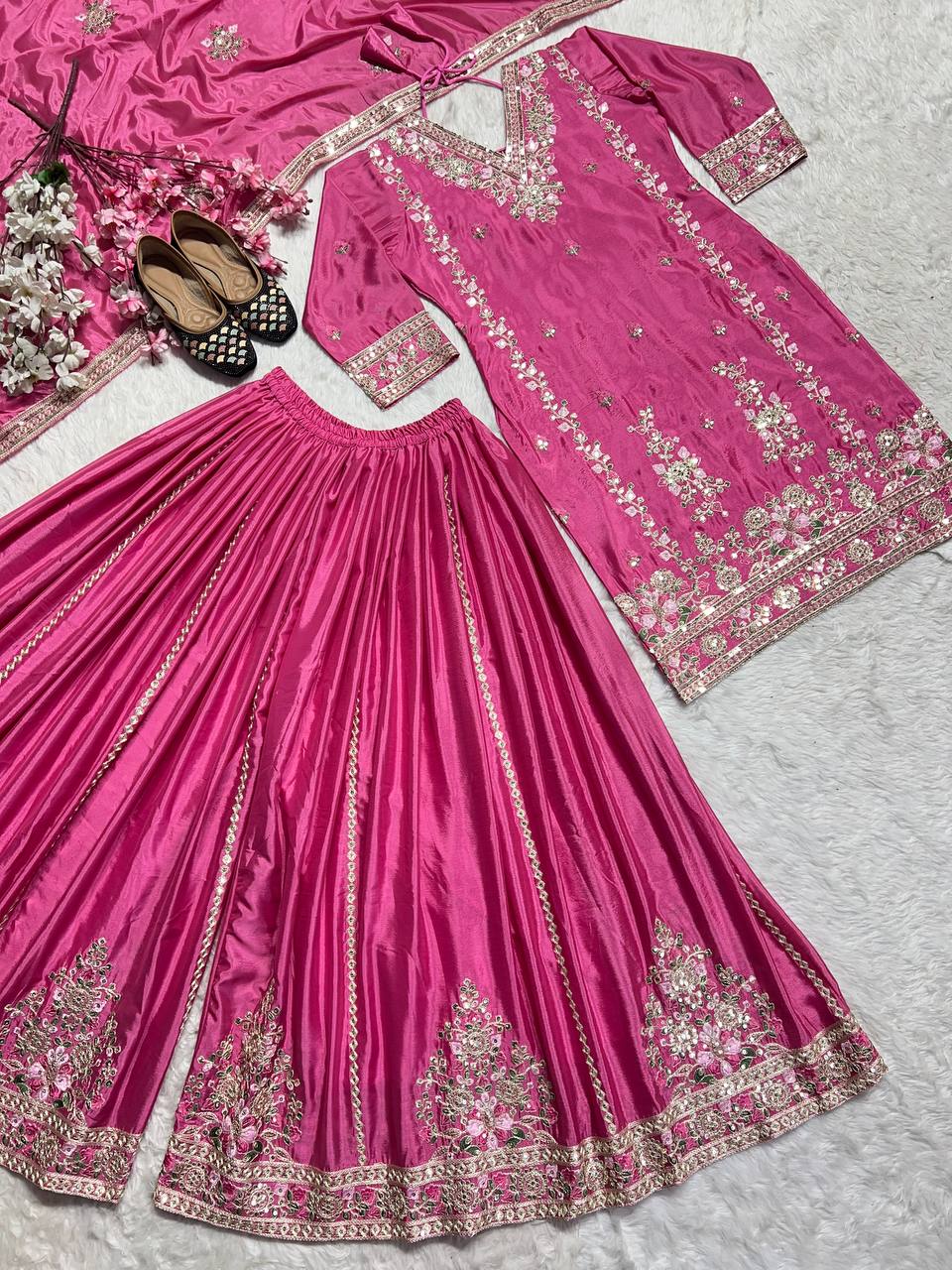 Designer Pink Color Pure Chinon Silk With Heavy Embroidery Coding Sequence Work Palazzo Suit