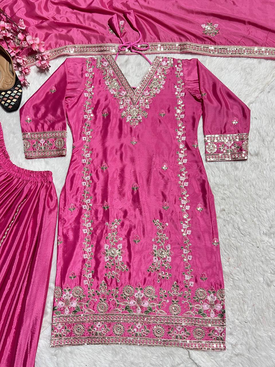 Designer Pink Color Pure Chinon Silk With Heavy Embroidery Coding Sequence Work Palazzo Suit