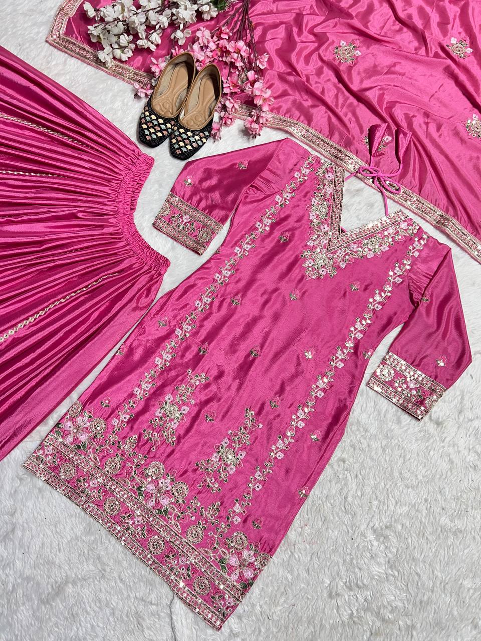 Designer Pink Color Pure Chinon Silk With Heavy Embroidery Coding Sequence Work Palazzo Suit