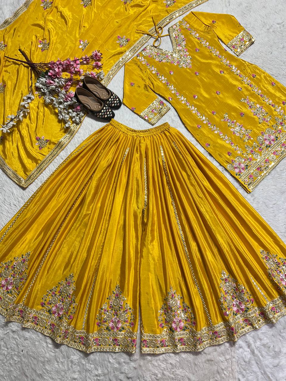 Demanding Yellow Color Pure Chinon Silk With Heavy Embroidery Coding Sequence Work Palazzo Suit