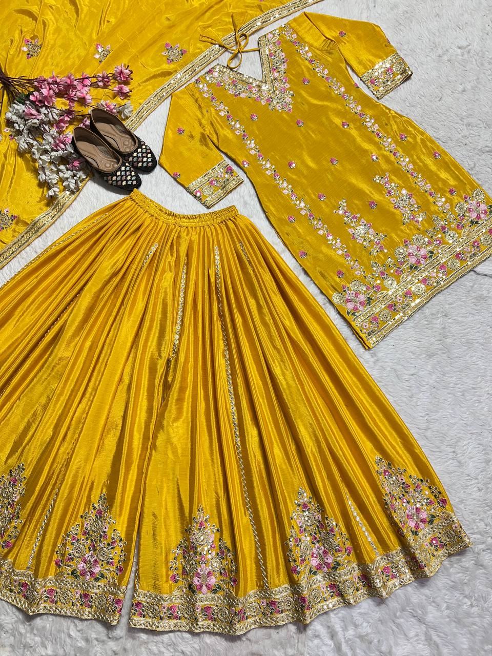 Demanding Yellow Color Pure Chinon Silk With Heavy Embroidery Coding Sequence Work Palazzo Suit